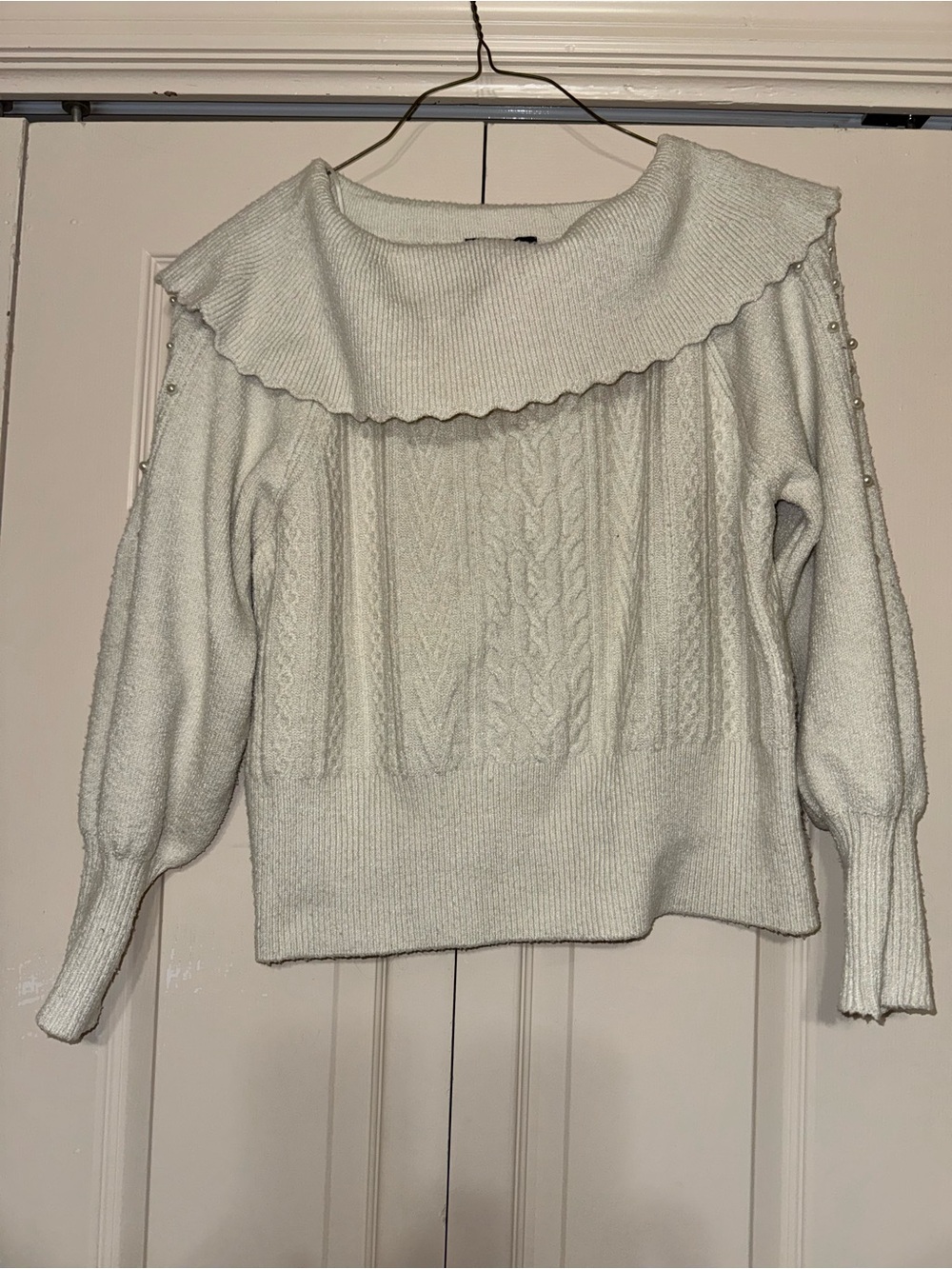 Design History Cream Cable Knit Sweater with Ruffle Collar and Pearl Trim